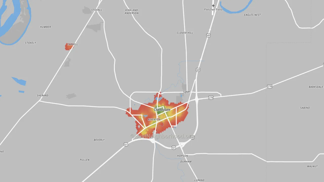 Walk Grade map of Coahoma County, MS, walkable areas in green and car-dependent areas in red
