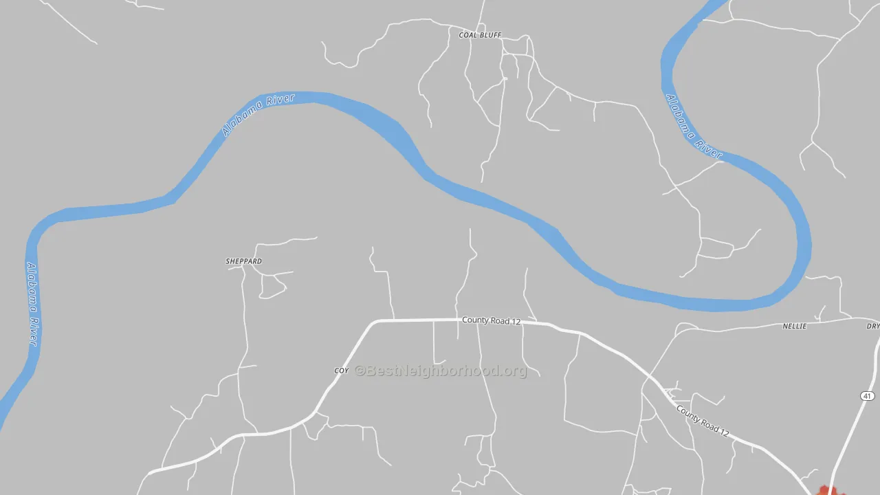 Walk Grade map of Coal Bluff, AL, walkable areas in green and car-dependent areas in red