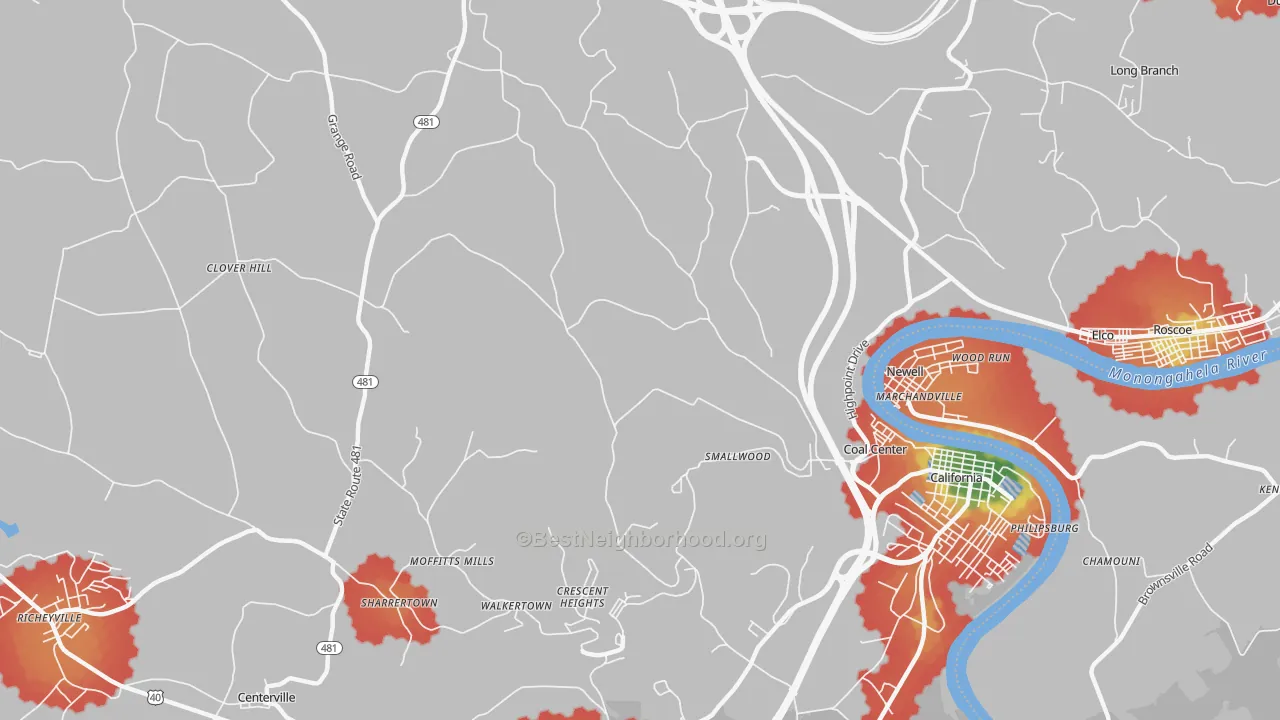 Walk Grade map of Coal Center, PA, walkable areas in green and car-dependent areas in red