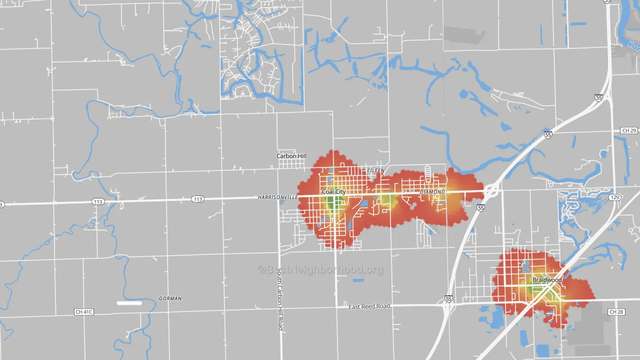 Walk Grade map of Coal City, IL, walkable areas in green and car-dependent areas in red