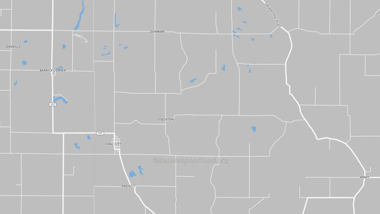 Walk Grade map of Coal City, IN, walkable areas in green and car-dependent areas in red