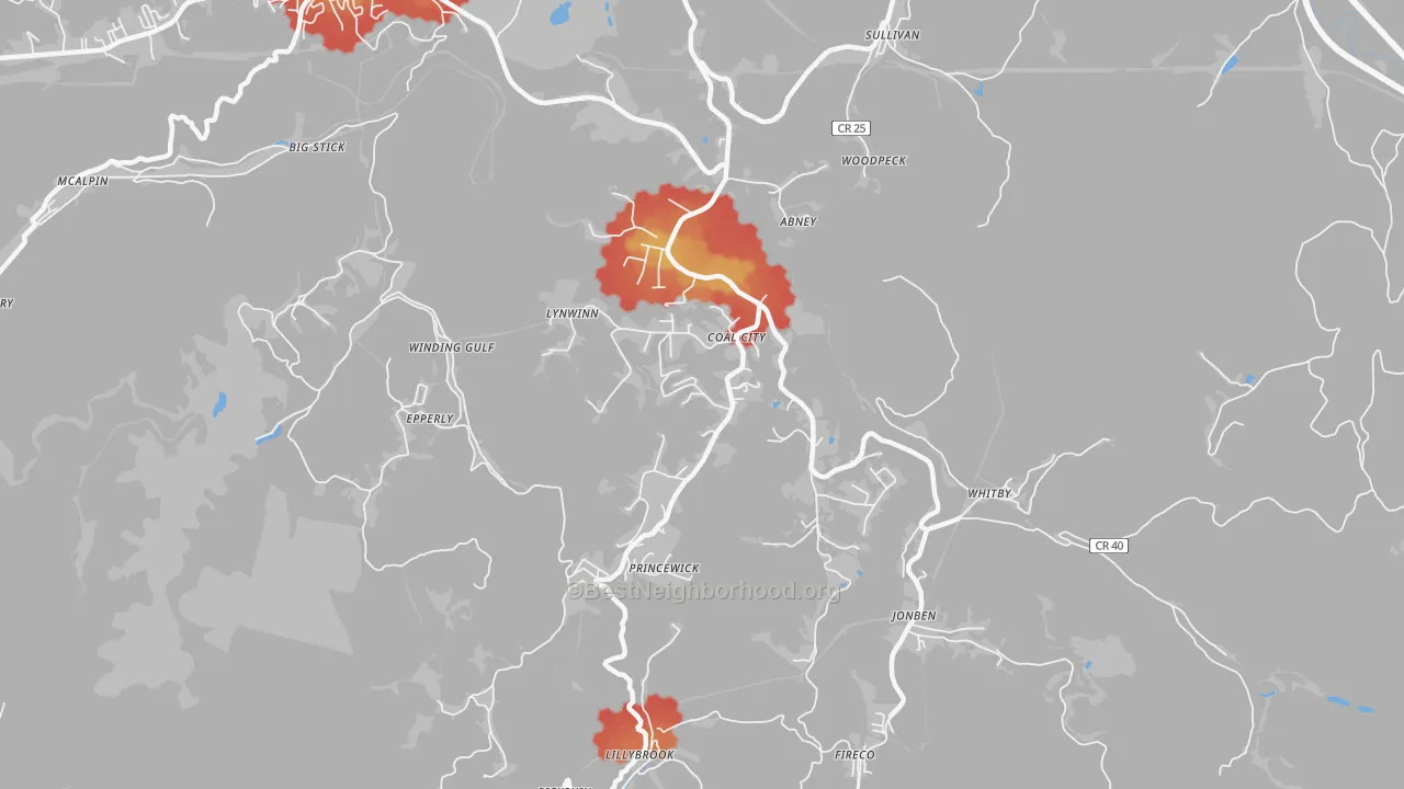 Walk Grade map of Coal City, WV, walkable areas in green and car-dependent areas in red