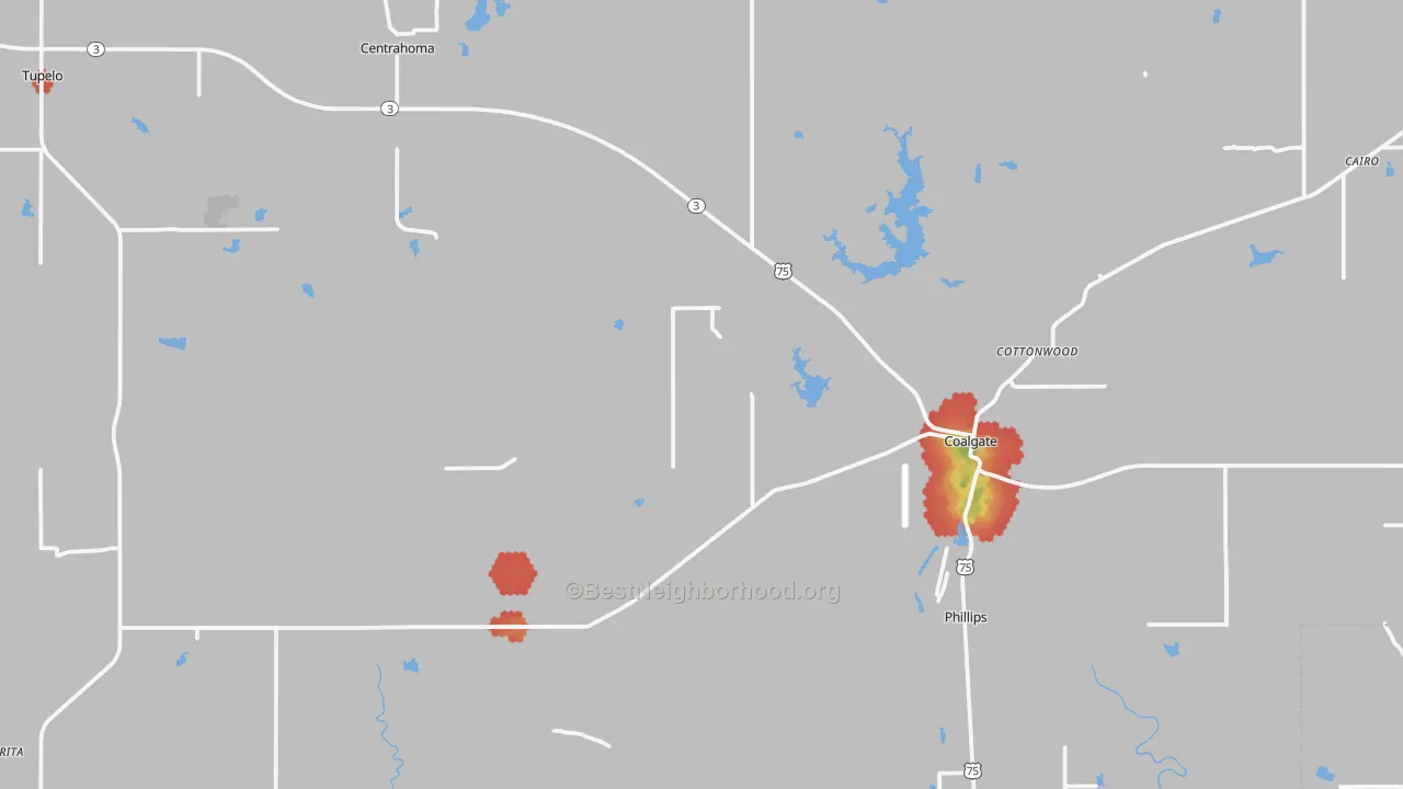 Walk Grade map of Coal County, OK, walkable areas in green and car-dependent areas in red