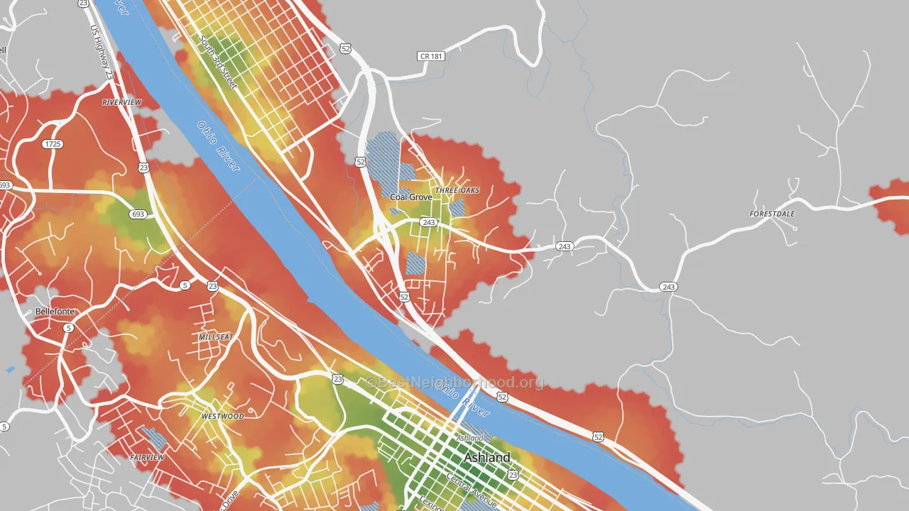 Walk Grade map of Coal Grove, OH, walkable areas in green and car-dependent areas in red