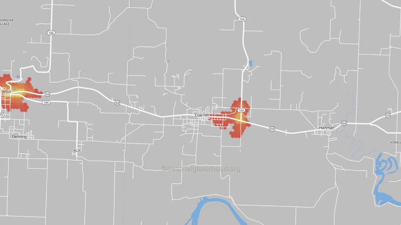 Walk Grade map of Coal Hill, AR, walkable areas in green and car-dependent areas in red