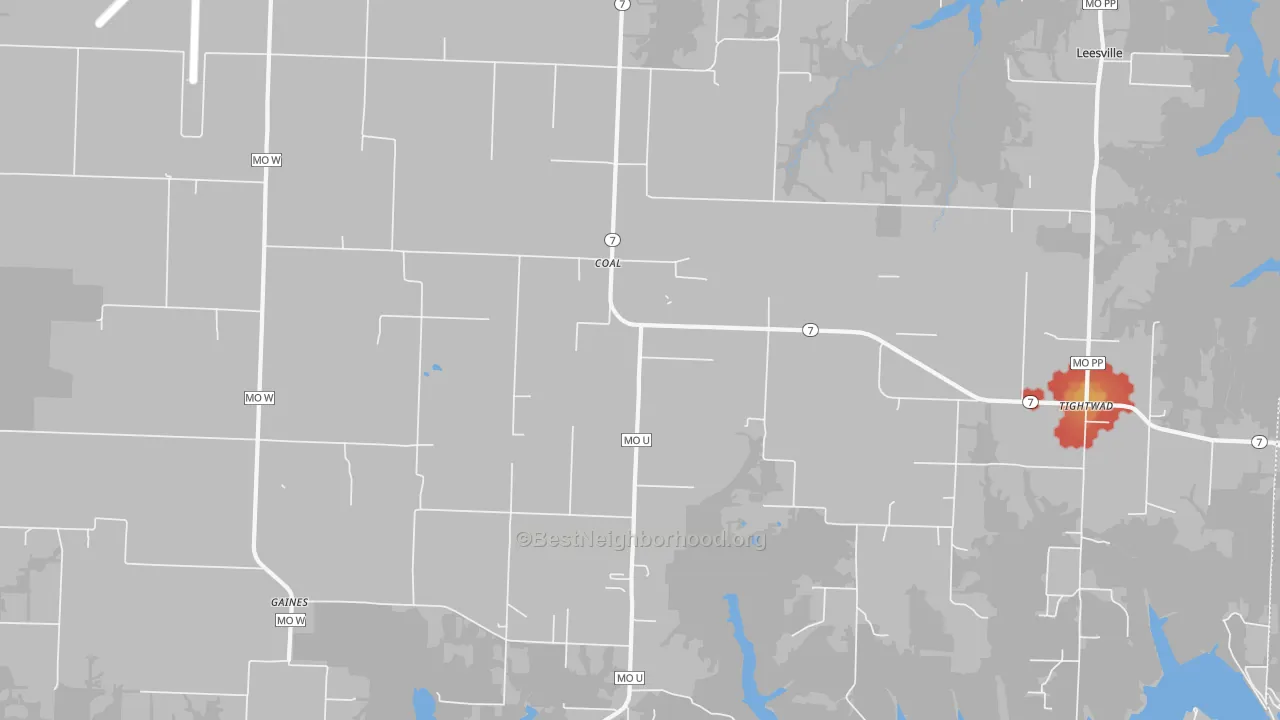Walk Grade map of Coal, MO, walkable areas in green and car-dependent areas in red