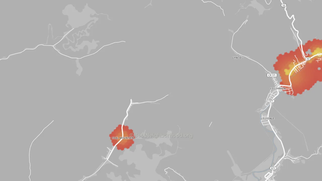 Walk Grade map of Coal Mountain, WV, walkable areas in green and car-dependent areas in red