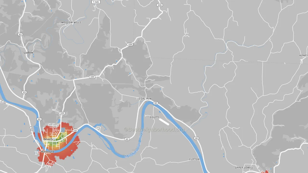 Walk Grade map of Coal Run, OH, walkable areas in green and car-dependent areas in red