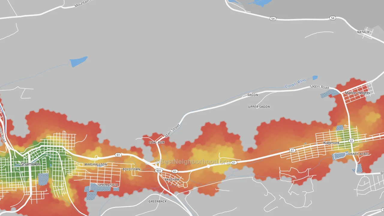 Walk Grade map of Coal Run, PA, walkable areas in green and car-dependent areas in red