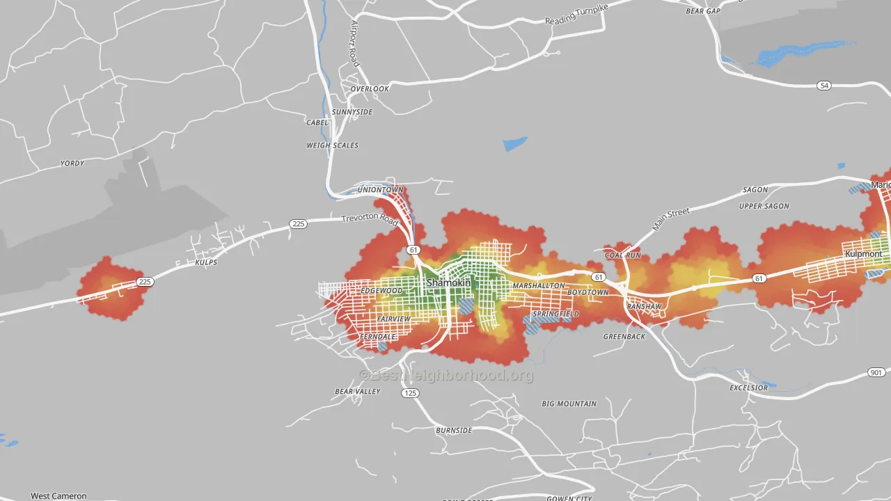 Walk Grade map of Coal Township, PA, walkable areas in green and car-dependent areas in red