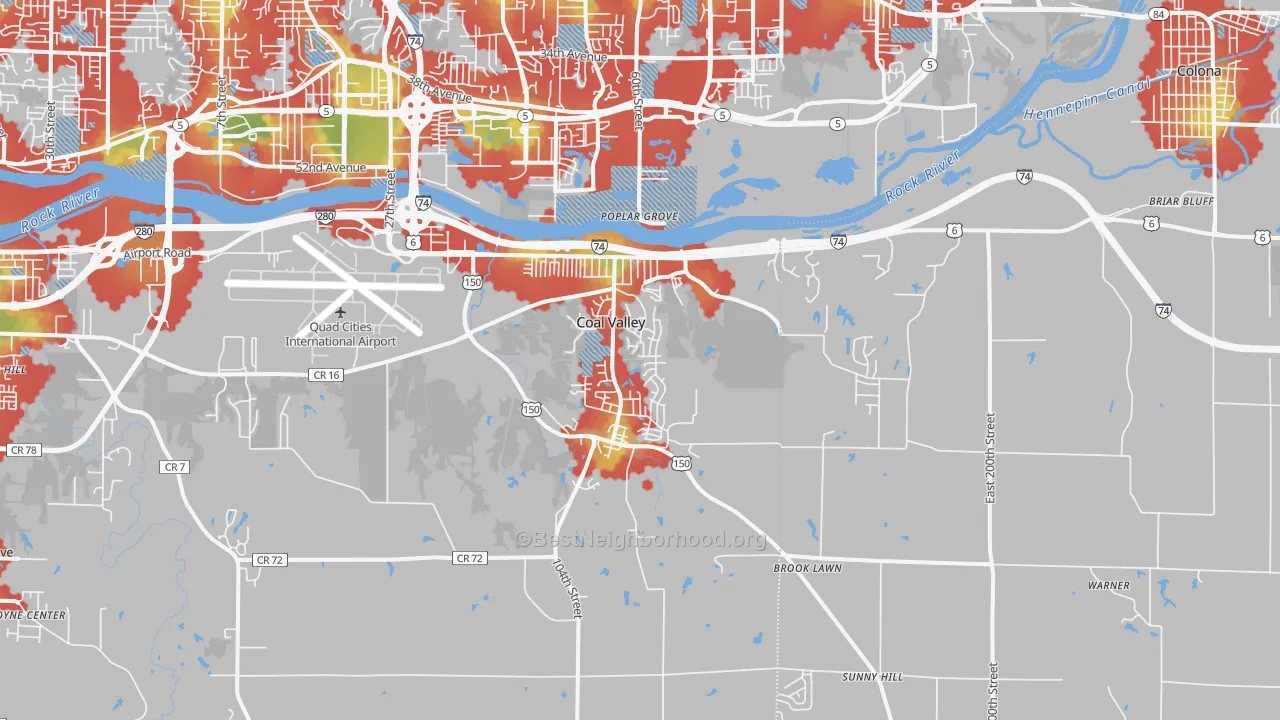 Walk Grade map of Coal Valley, IL, walkable areas in green and car-dependent areas in red