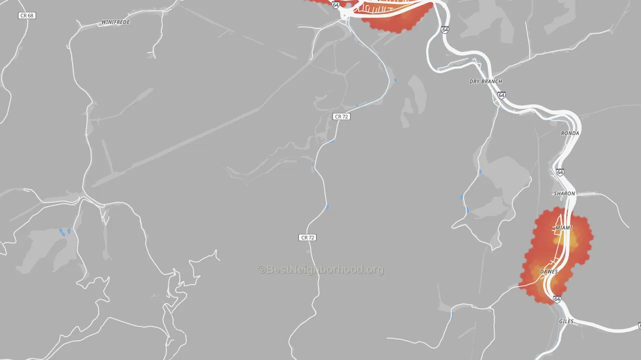 Walk Grade map of Coalburg, WV, walkable areas in green and car-dependent areas in red