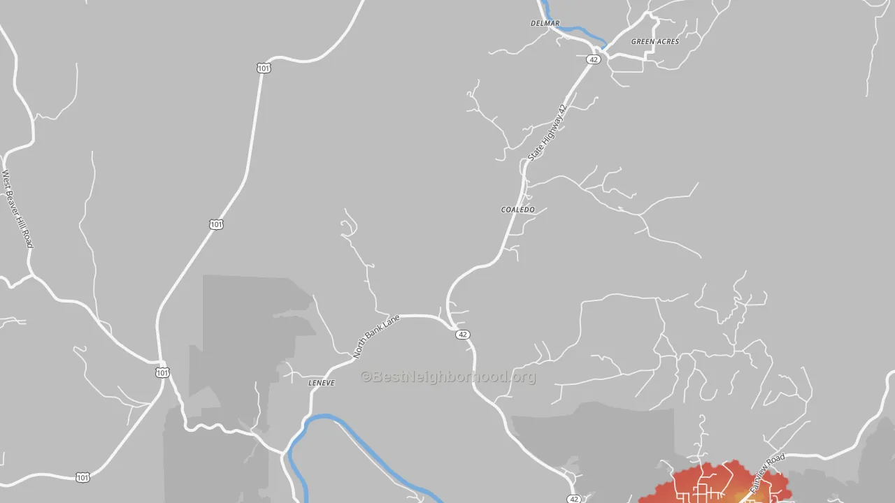 Walk Grade map of Coaledo, OR, walkable areas in green and car-dependent areas in red