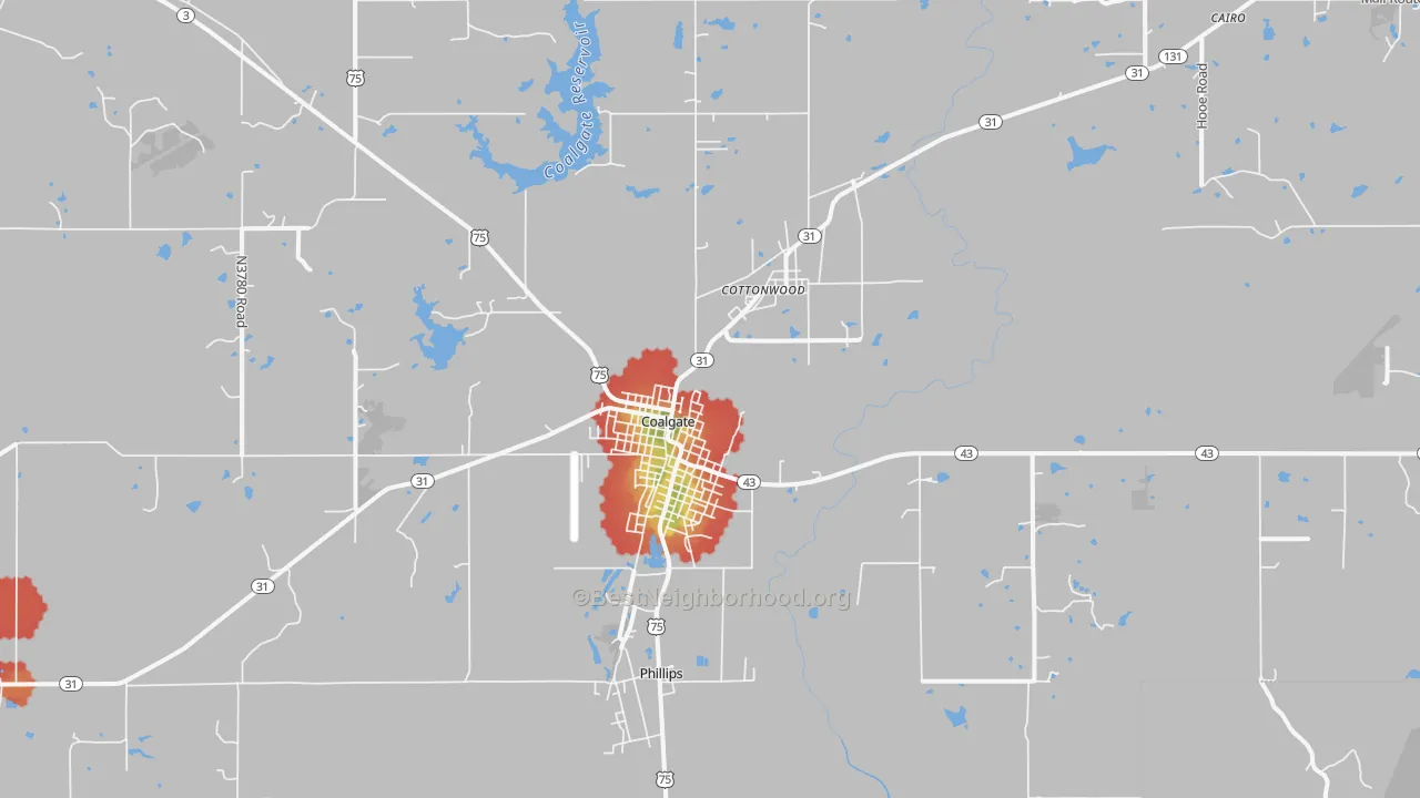 Walk Grade map of Coalgate, OK, walkable areas in green and car-dependent areas in red