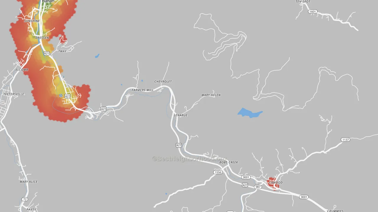 Walk Grade map of Coalgood, KY, walkable areas in green and car-dependent areas in red