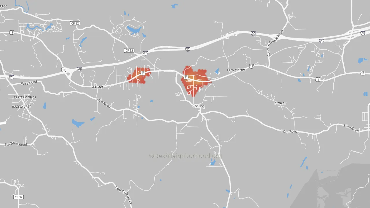 Walk Grade map of Coaling, AL, walkable areas in green and car-dependent areas in red