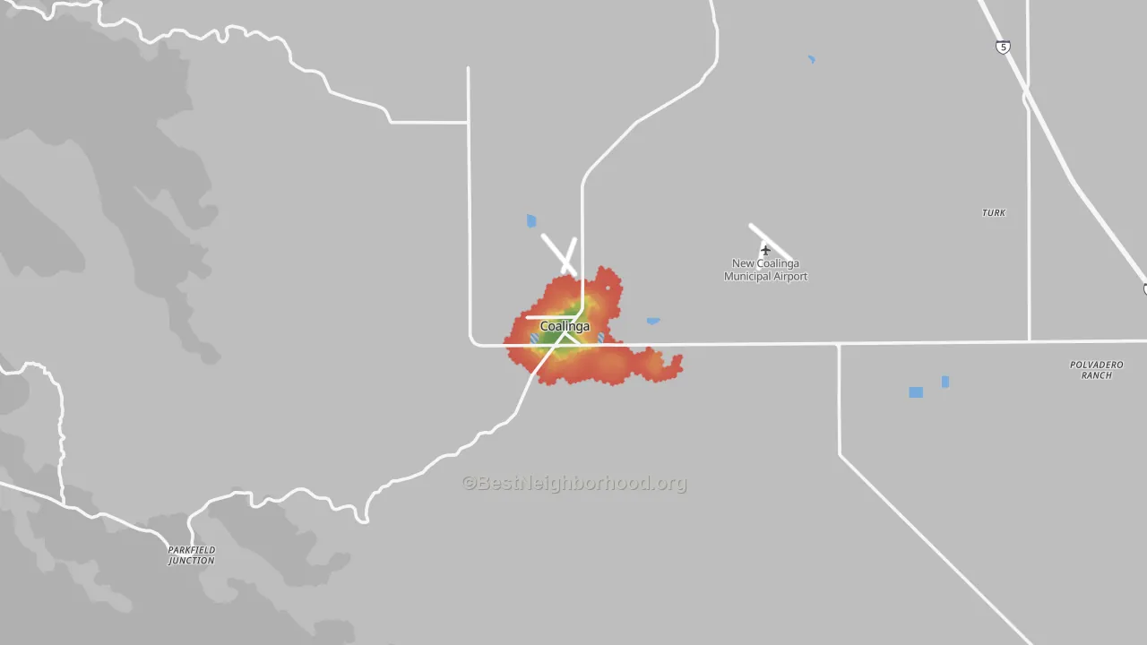 Walk Grade map of Coalinga, CA, walkable areas in green and car-dependent areas in red