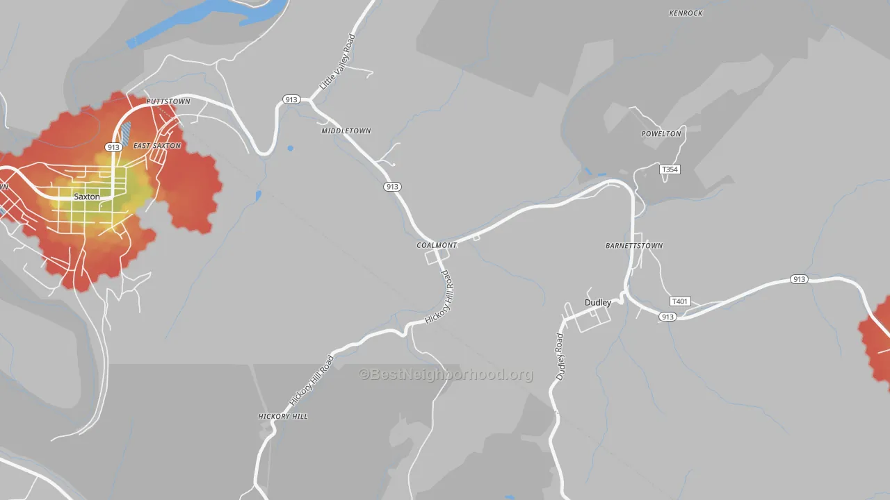 Walk Grade map of Coalmont, PA, walkable areas in green and car-dependent areas in red
