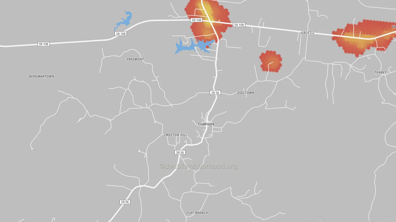 Walk Grade map of Coalmont, TN, walkable areas in green and car-dependent areas in red