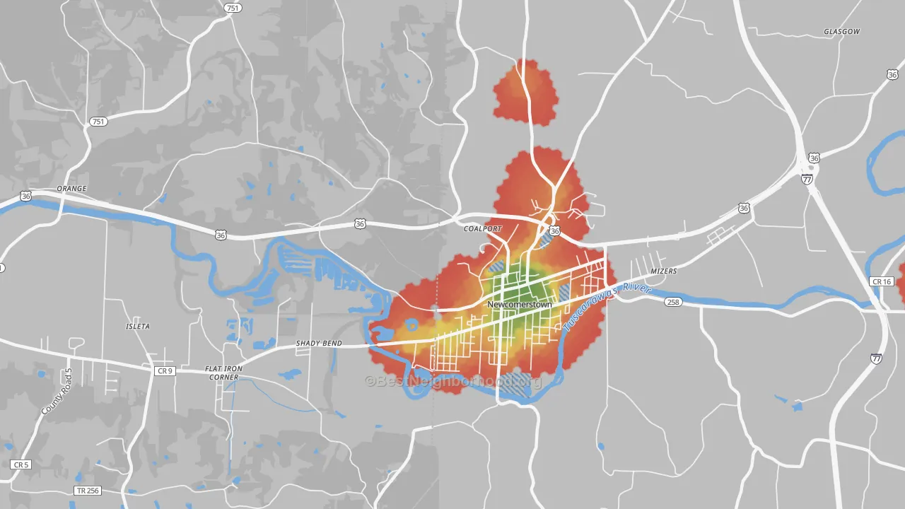 Walk Grade map of Coalport, OH, walkable areas in green and car-dependent areas in red