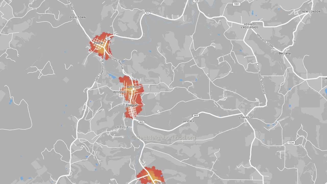 Walk Grade map of Coalport, PA, walkable areas in green and car-dependent areas in red