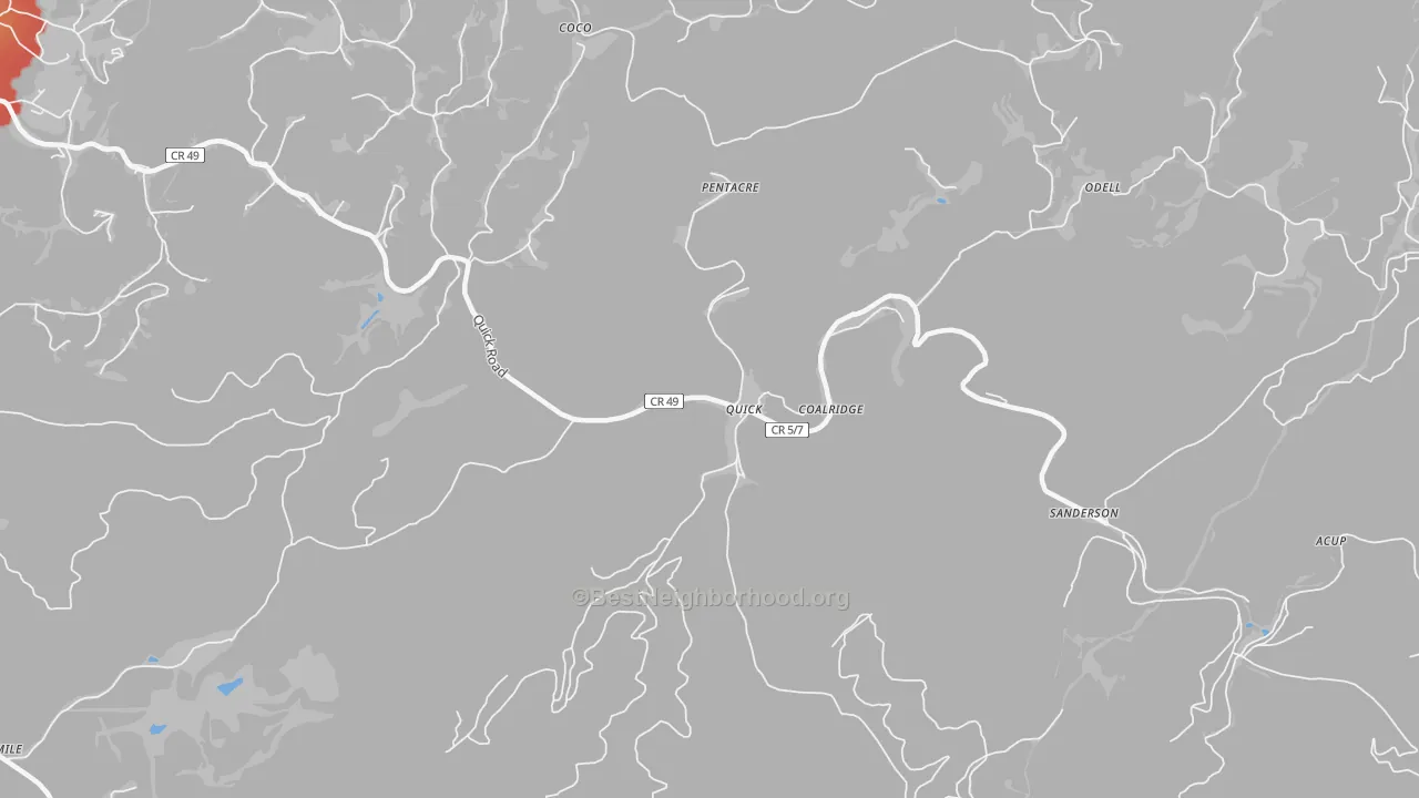 Walk Grade map of Coalridge, WV, walkable areas in green and car-dependent areas in red