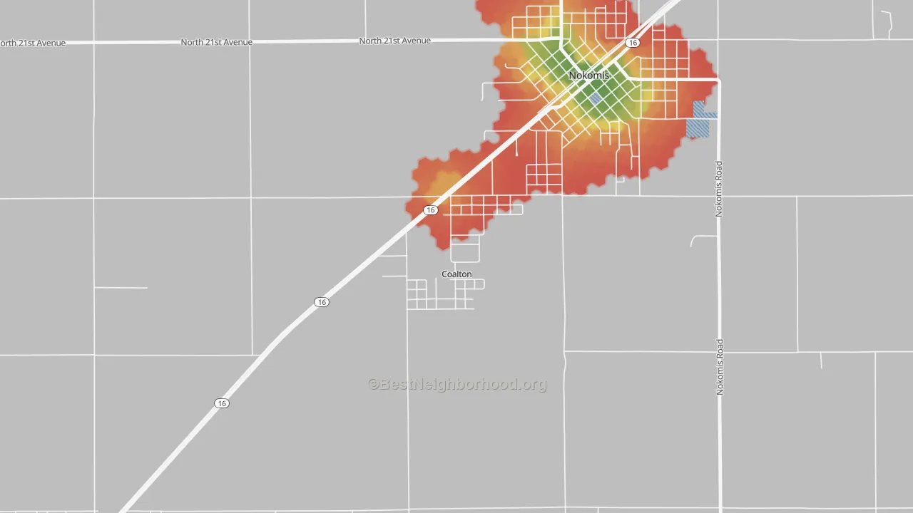 Walk Grade map of Coalton, IL, walkable areas in green and car-dependent areas in red