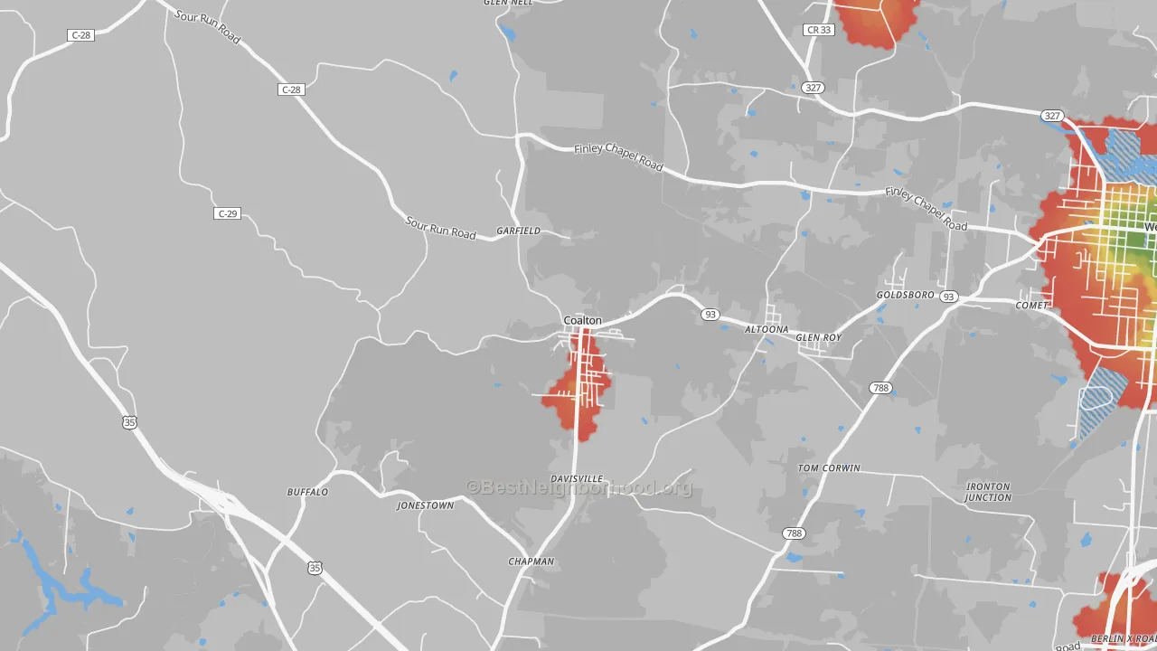 Walk Grade map of Coalton, OH, walkable areas in green and car-dependent areas in red