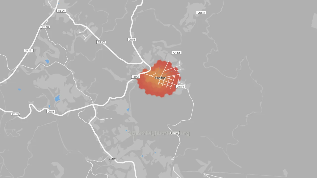 Walk Grade map of Coalton, WV, walkable areas in green and car-dependent areas in red