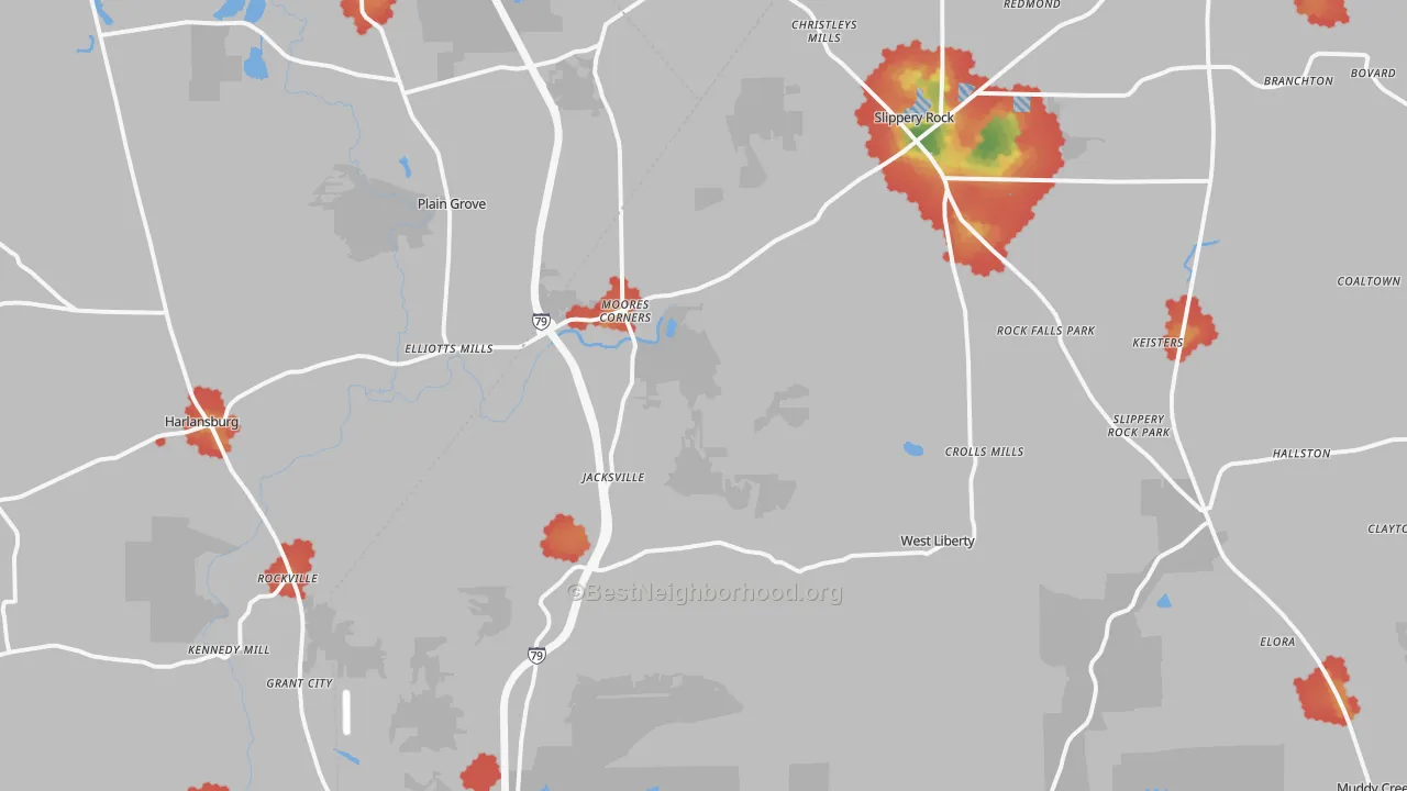 Walk Grade map of Coaltown, PA, walkable areas in green and car-dependent areas in red