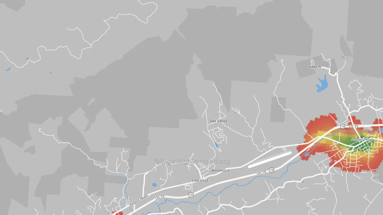 Walk Grade map of Coalville, NC, walkable areas in green and car-dependent areas in red