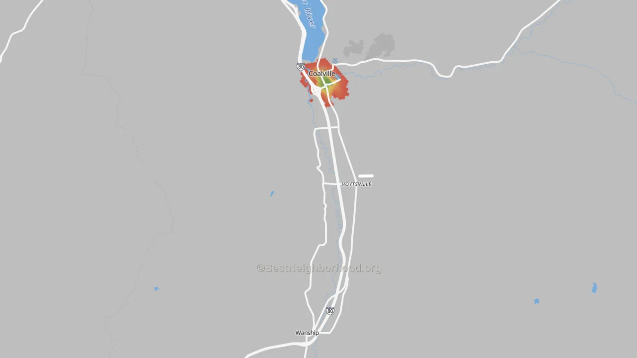 Walk Grade map of Coalville, UT, walkable areas in green and car-dependent areas in red