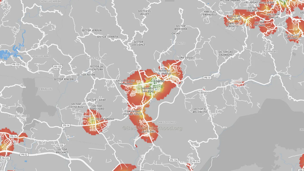 Walk Grade map of Coamo Municipio, PR, walkable areas in green and car-dependent areas in red