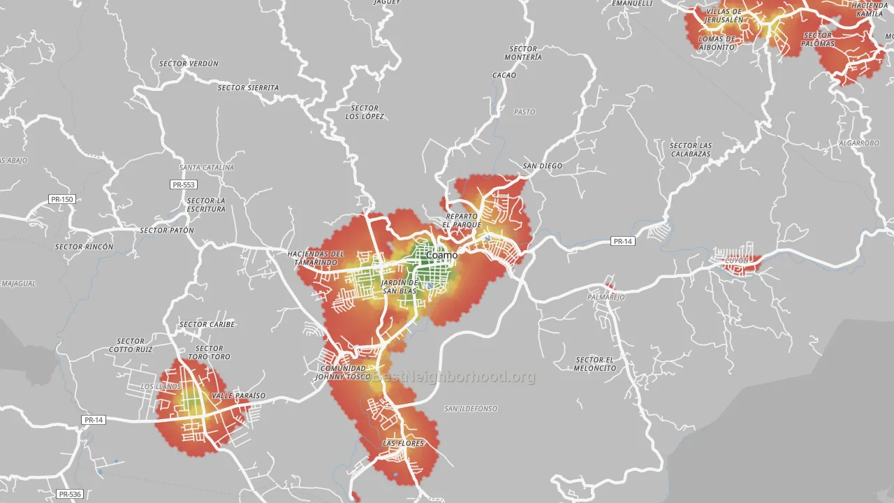 Walk Grade map of Coamo, PR, walkable areas in green and car-dependent areas in red