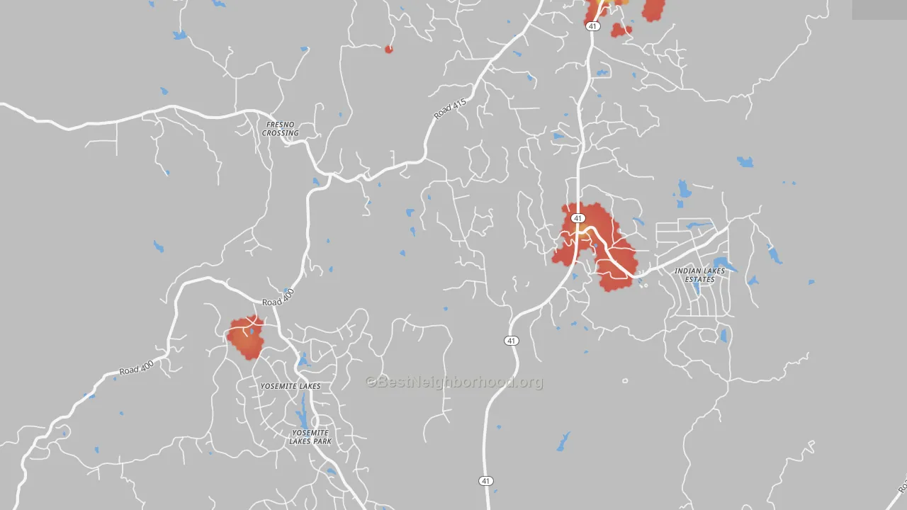 Walk Grade map of Coarsegold, CA, walkable areas in green and car-dependent areas in red