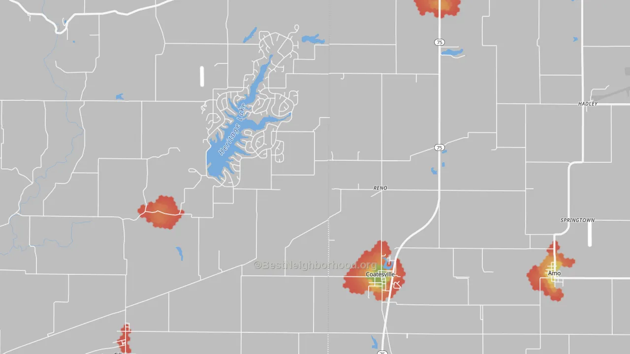 Walk Grade map of Coatesville, IN, walkable areas in green and car-dependent areas in red