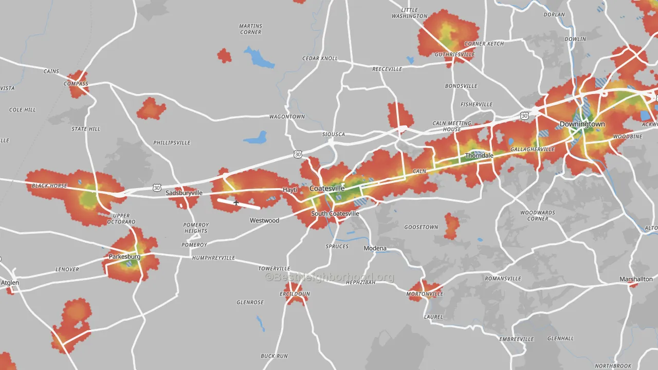 Walk Grade map of Coatesville, PA, walkable areas in green and car-dependent areas in red