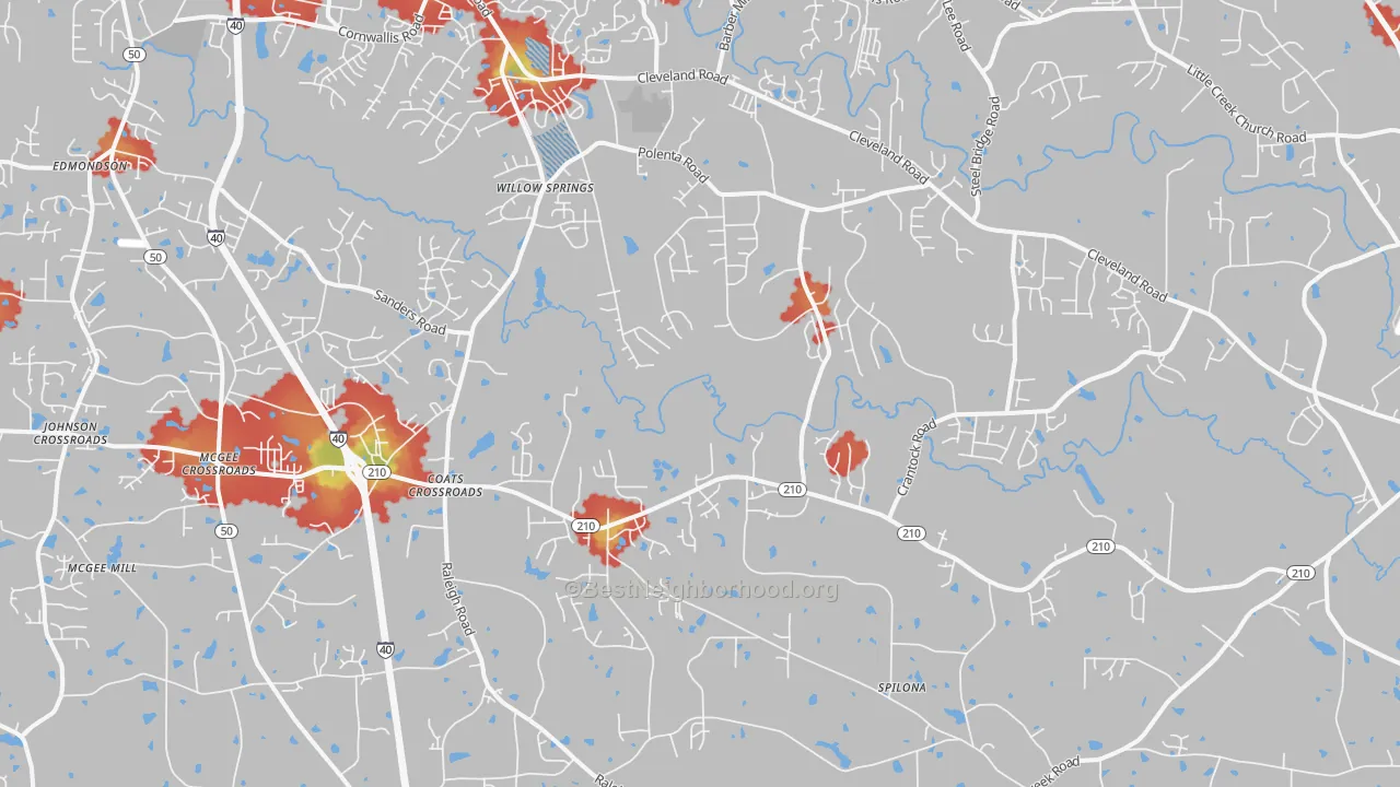 Walk Grade map of Coats Crossroads, NC, walkable areas in green and car-dependent areas in red