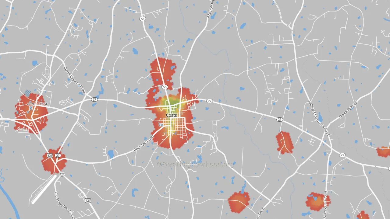 Walk Grade map of Coats, NC, walkable areas in green and car-dependent areas in red