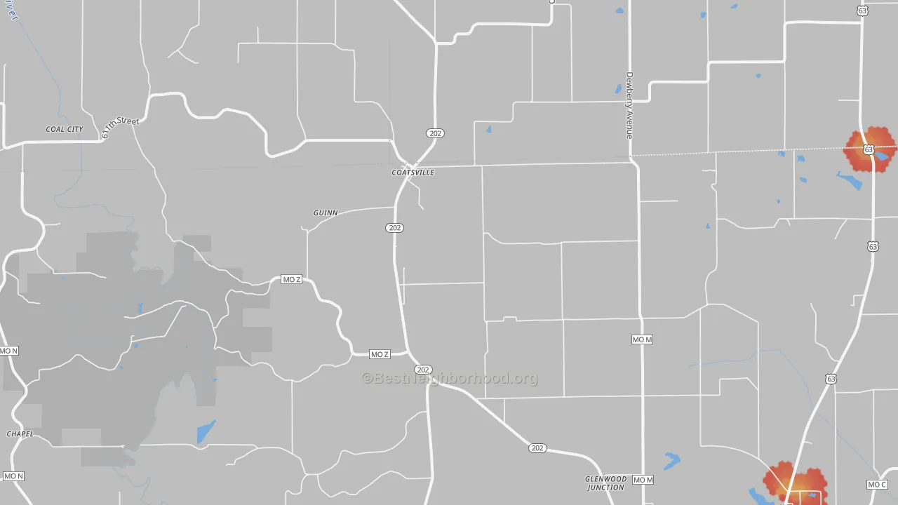 Walk Grade map of Coatsville, MO, walkable areas in green and car-dependent areas in red