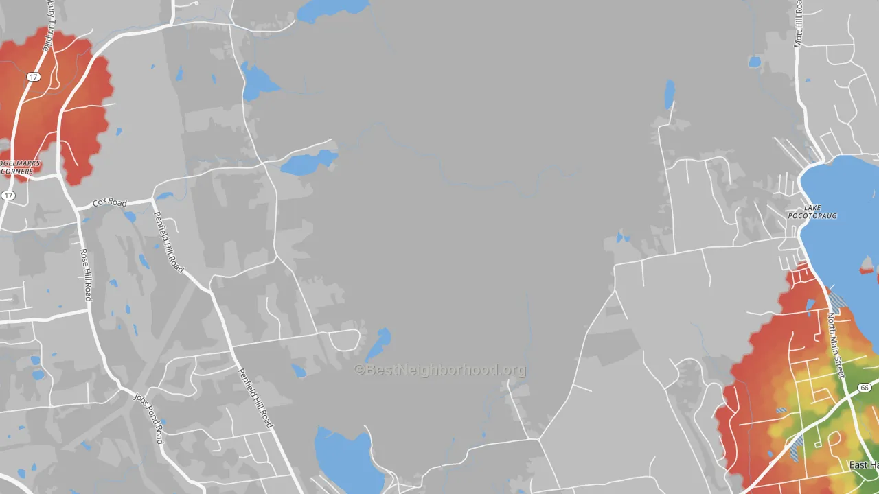 Walk Grade map of Cobalt, CT, walkable areas in green and car-dependent areas in red