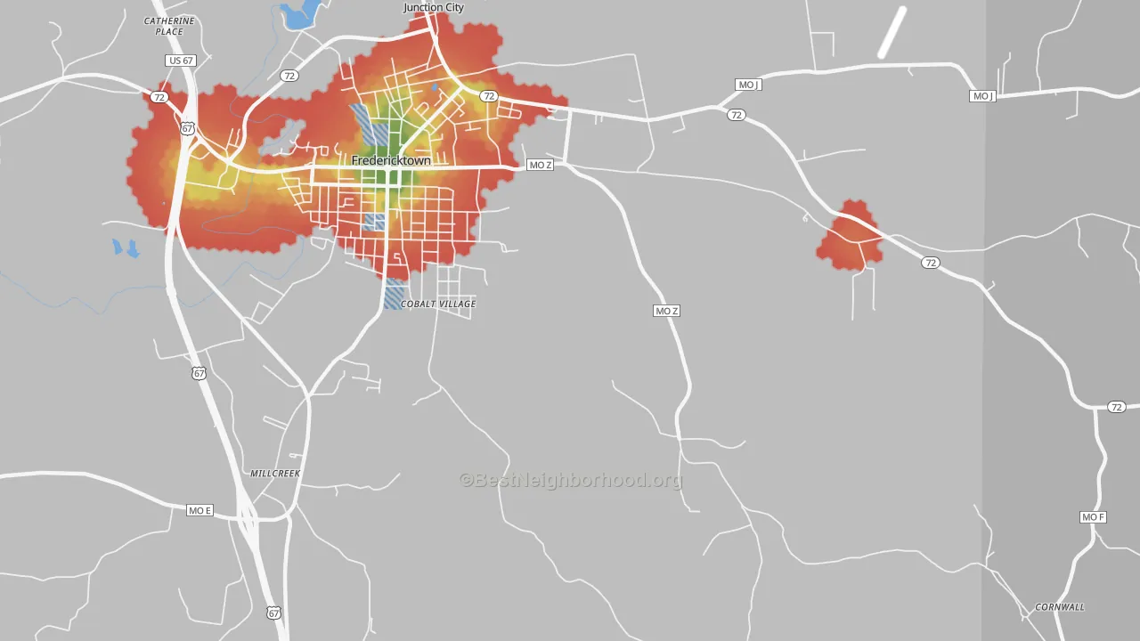 Walk Grade map of Cobalt, MO, walkable areas in green and car-dependent areas in red