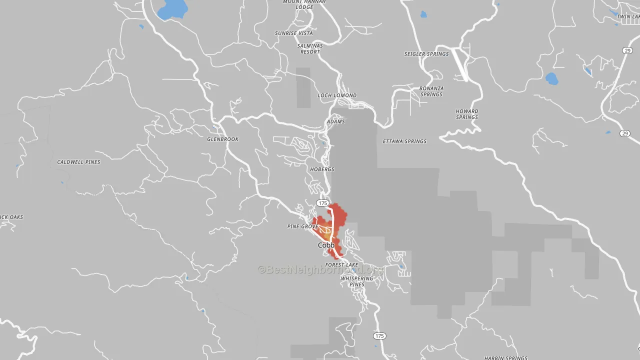 Walk Grade map of Cobb, CA, walkable areas in green and car-dependent areas in red