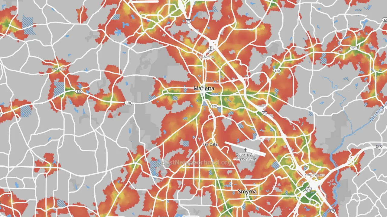 Walk Grade map of Cobb County, GA, walkable areas in green and car-dependent areas in red