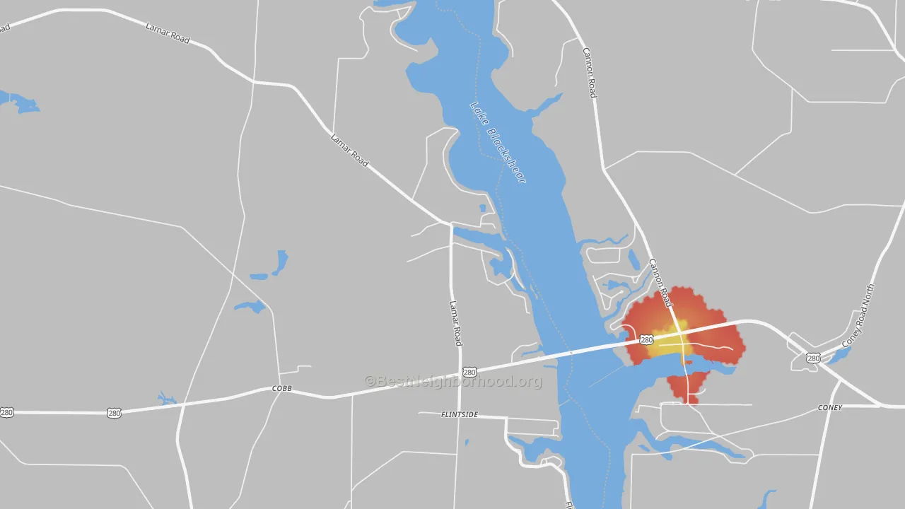Walk Grade map of Cobb, GA, walkable areas in green and car-dependent areas in red