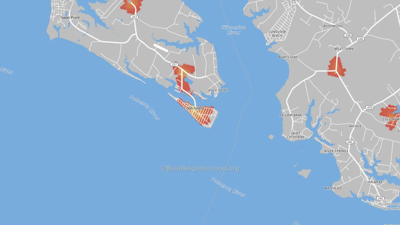 Walk Grade map of Cobb Island, MD, walkable areas in green and car-dependent areas in red