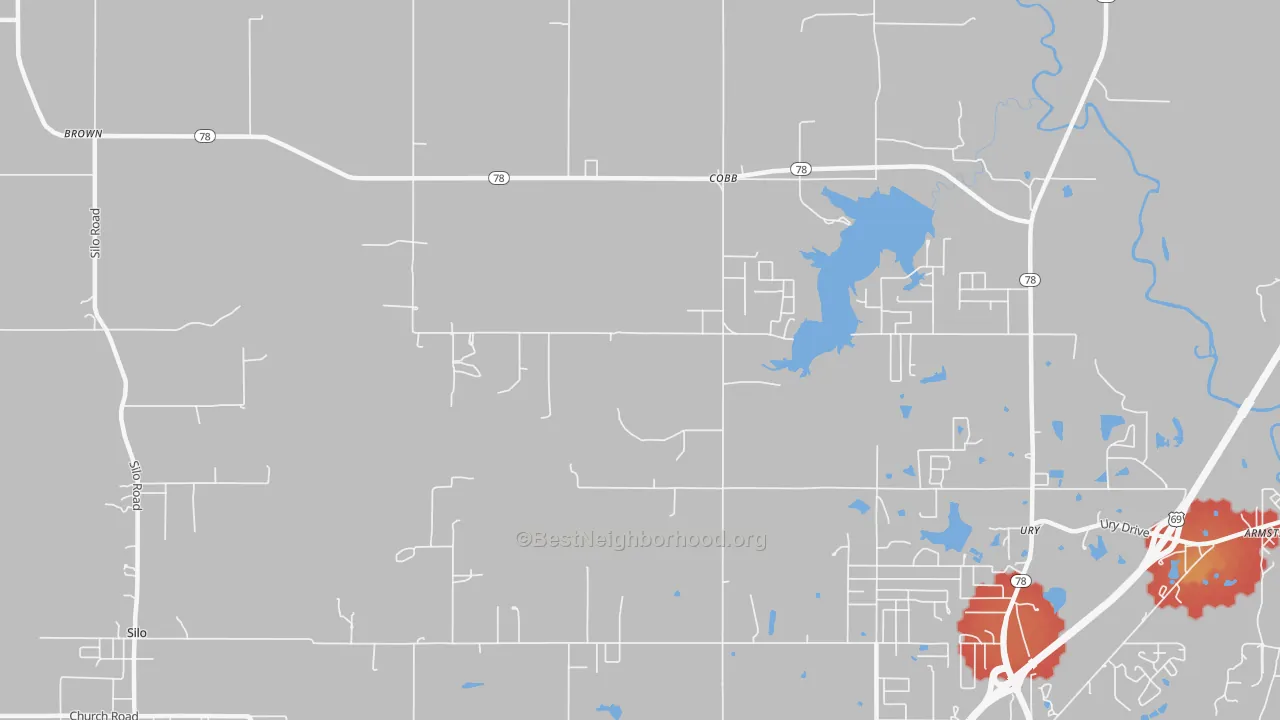 Walk Grade map of Cobb, OK, walkable areas in green and car-dependent areas in red