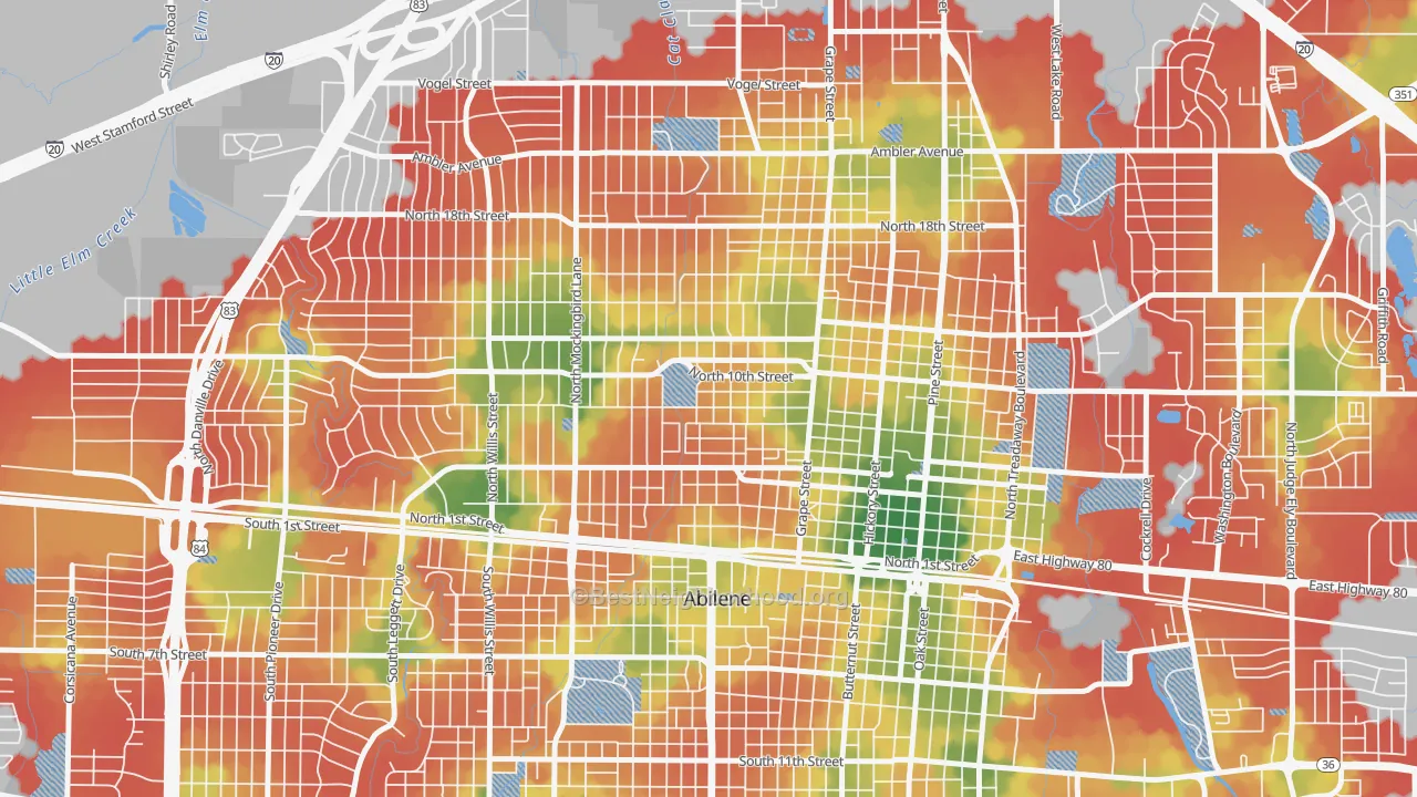Walk Grade map of Cobb Park Area, Abilene, TX, walkable areas in green and car-dependent areas in red