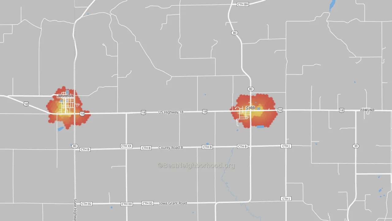 Walk Grade map of Cobb, WI, walkable areas in green and car-dependent areas in red