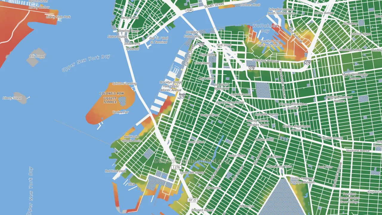 Walk Grade map of Cobble Hill, Brooklyn, NY, walkable areas in green and car-dependent areas in red